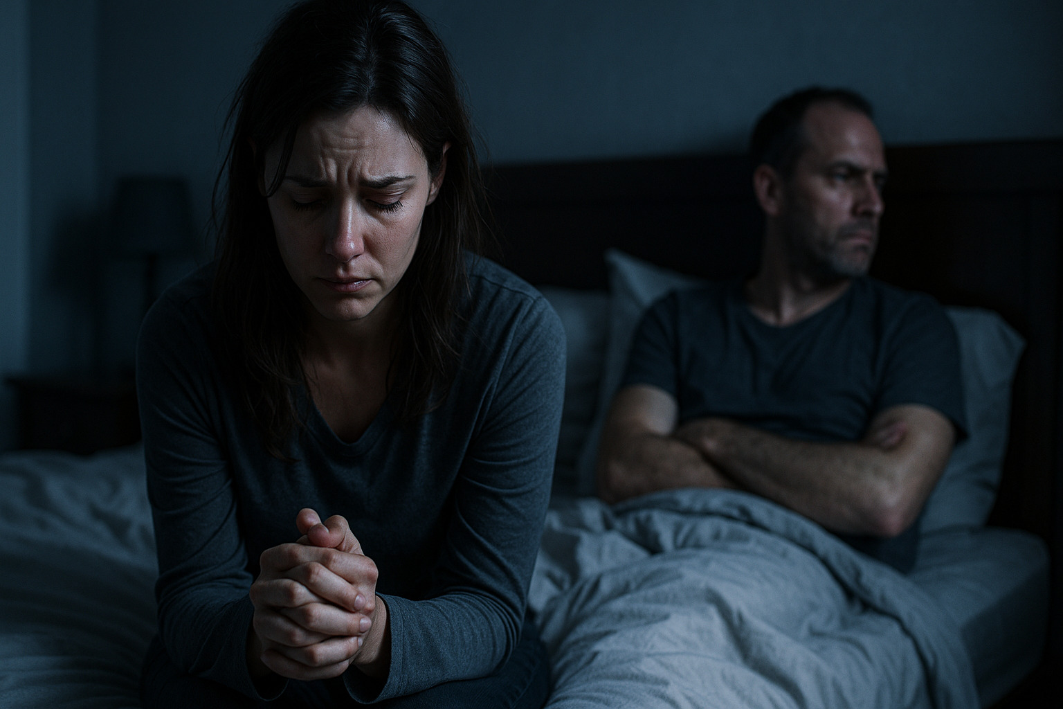Mulher triste sentada na cama, homem de costas